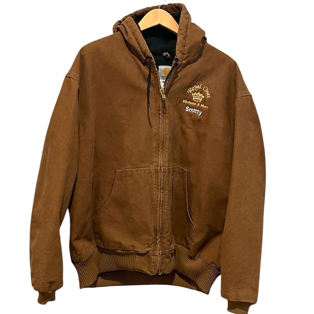 Carhartt men’s brown hooded insulated zip up jacket with company logo 2Xl
